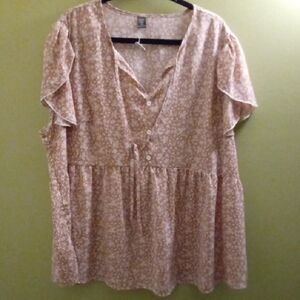 Womans 4X SHEIN Cream And White Tie Front Ruffled Blouse Short Sleeve